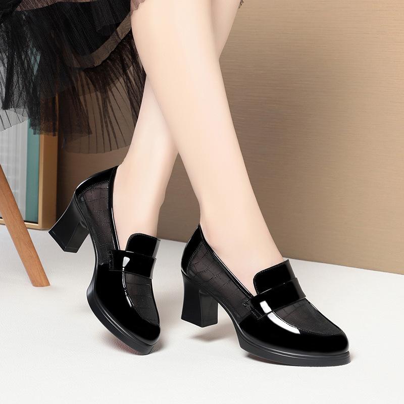 British Style Summer Single Shoes High Heels Waterproof Platform Thick Heel Loafers Mesh Breathable Middle-Aged Leather Shoes
