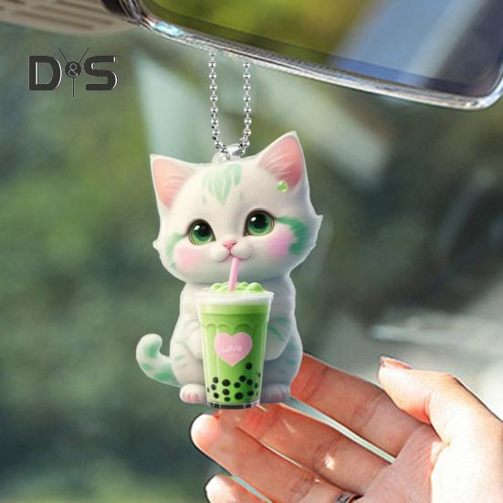 Mléčný čaj Kočka závěsná dekorace s korálkovým řetízkem Oboustranný akrylový 2D kreslený koťátko Cartoon přívěsek zpětné zrcátko