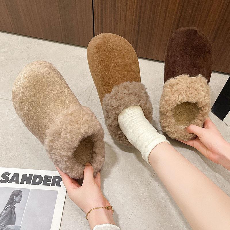 Women's Retro Lightweight and Comfortable Non-slip Heightening Winter Warm Plush Lining Non-slip Durable Casual Cotton One-step Half Slippers