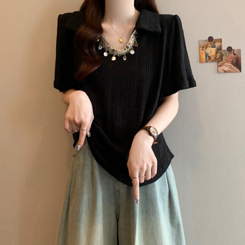 

POLO collar short-sleeve T-shirt summer tops for women M чёрный