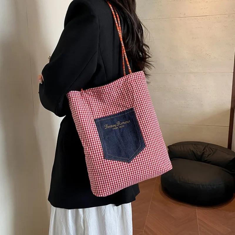 Fashi Casual Denim Square Large Capacity Shoulder Bags 2026 New Plaid Persality Fresh Exquisite Double-sided Bags for Women