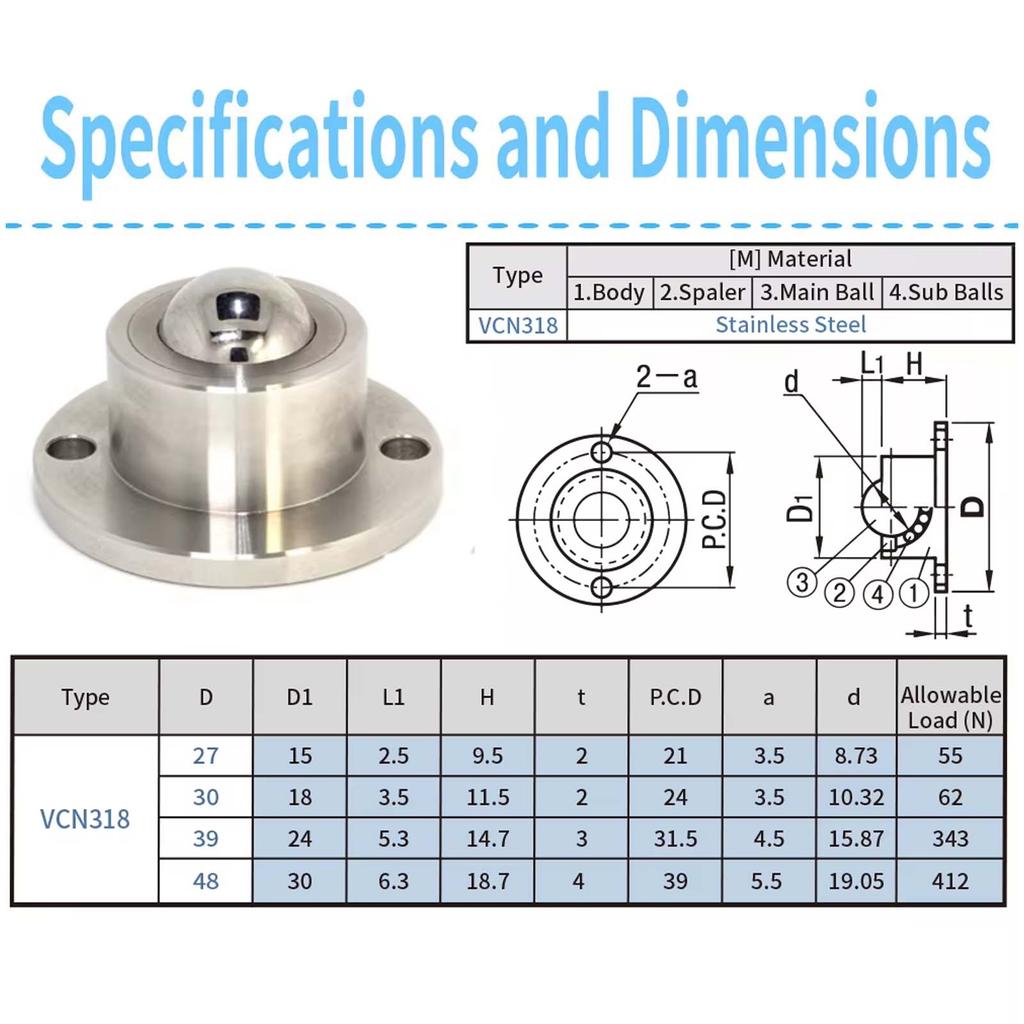 Steel Ball Roller Universal Ball Flange Heavy Duty Conveying Sliding Roller Bearing Stainless Steel Body