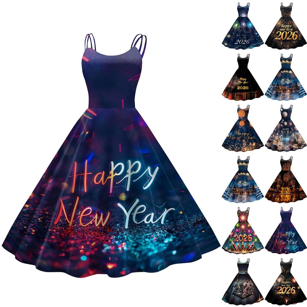 Women's New Year Printed Casual Fashion Round Neck Midi Dress
