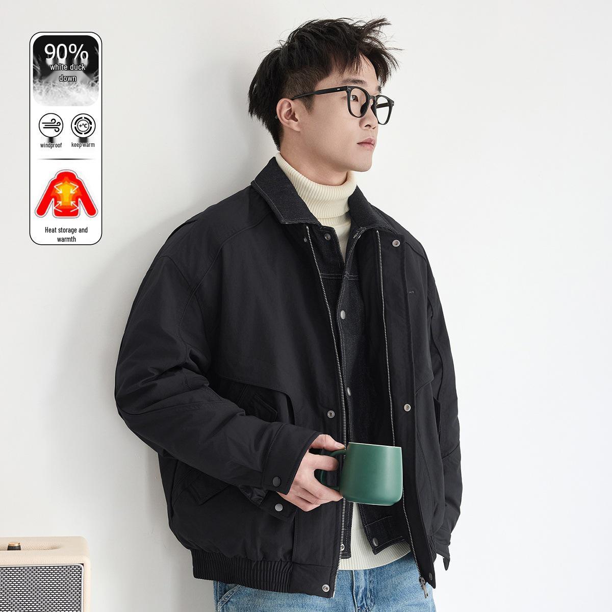 

Men s Winter Faux Two-Piece Loose Fit Denim Lapel Down Jacket L [90g Down, 120-140 Jin]