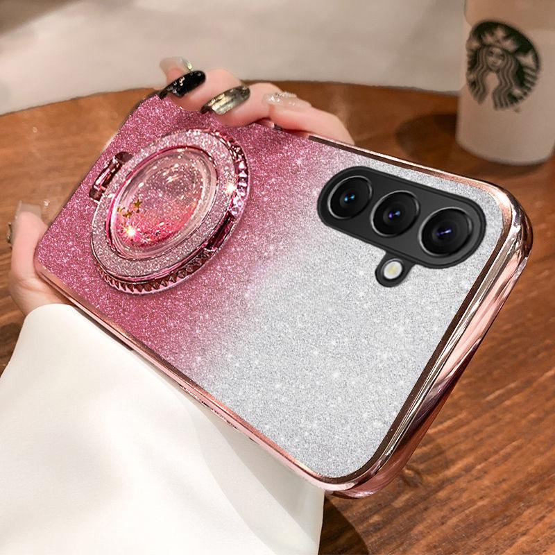 For Samsung Galaxy S25 FE / S26 FE Case with Liquid Glitter Quicksand hourglass Stand Holder Luxury Shiny Gradient Plating Girls Slim