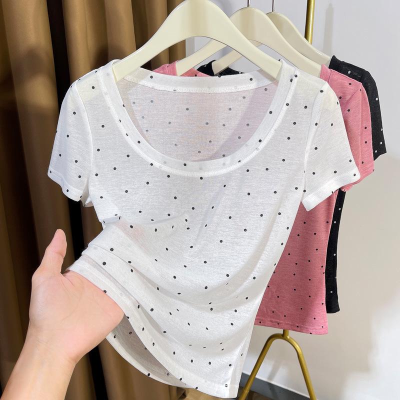 Women's Ultra-Thin Polka Dot Low-Neck Short-Sleeve Knit Top for Summer 2024