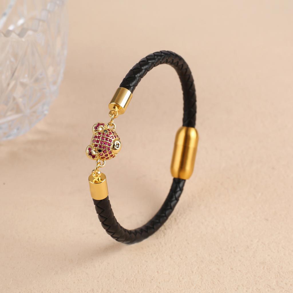 6 Colors Cute Zirconia Animal Bear Leather Braided Bracelet Classic for Man Woman Party Daily Wear Stainless Steel Jewelry Gift