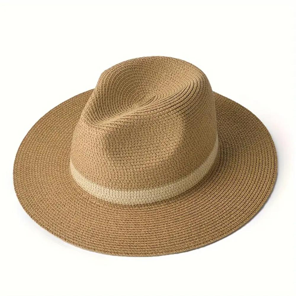 

Stylish Wide Brim Panama Hat - UV Protection Unisex Beach Hat with Color Block Design, Breathable & Foldable for Summer Travel L хакі