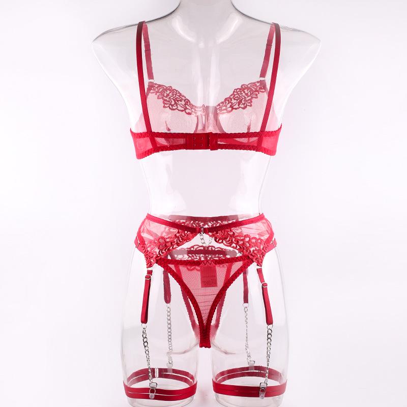 European and American Hot Style Fashion: Four-Piece Erotic Lingerie Set with Metal Chain Embroidery & Leg Garter