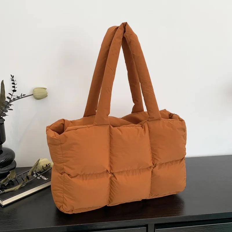 Quilted Plaid Bag Women Tote Handbags Retro Trendy Checkered Waterproof Shoulder Bag Solid Color Winter Soft Large Capacity Bags