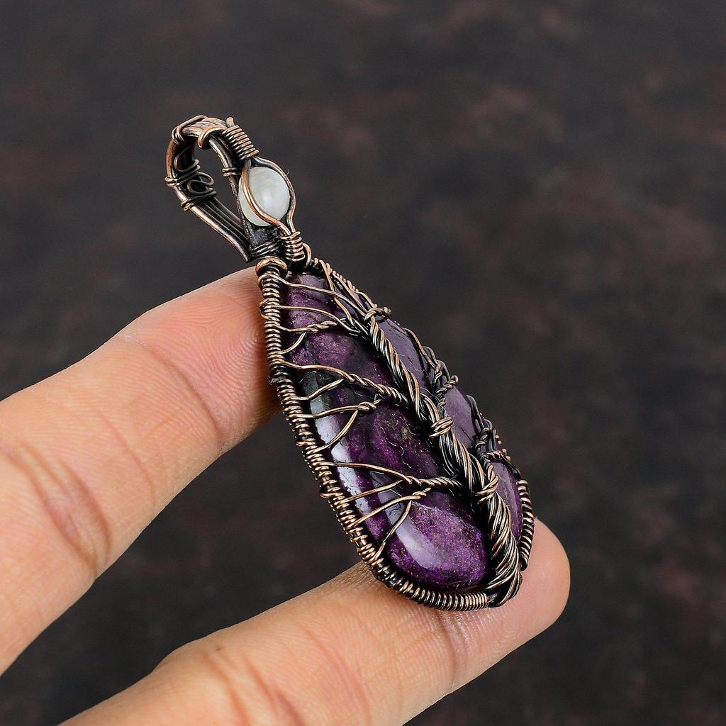 Tree Of Life Purpurite Pendant Copper Wire Wrapped Jewelry Rainbow Moonstone Pendant Handmade Jewelry Copper Wire Pendant Gemstone Pendant