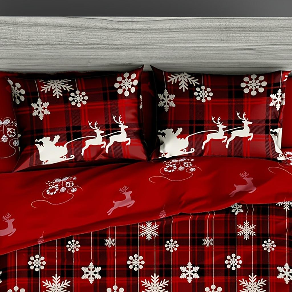 3-Piece Christmas-Themed Duvet Cover Set - Soft Breathable and Hypoallergenic Fabric - Checkered Elk Snowflake Print Design P
