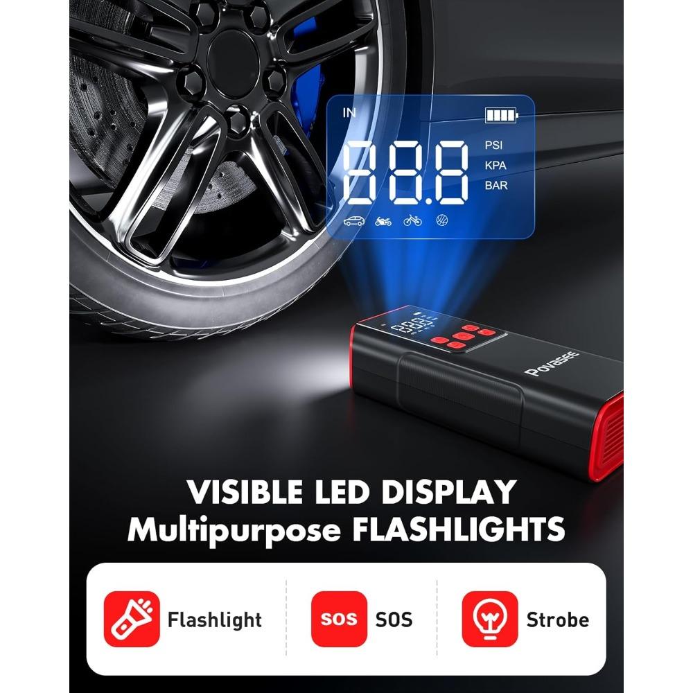 Tire Inflator Portable Air Compressor Povasee 150PSI Portable Air Pump for Tires Cordless Car Tire Inflator with LCD Display