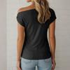 Women's Casual Fashion T-shirt, Slim-fitting, Asymmetric, Off-shoulder, Metal Button Top