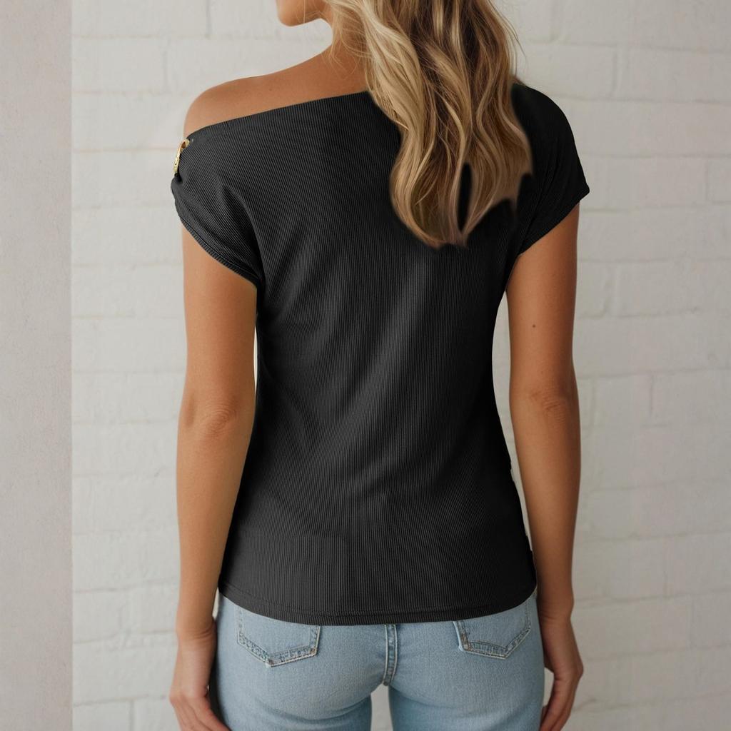 Women's Casual Fashion T-shirt, Slim-fitting, Asymmetric, Off-shoulder, Metal Button Top