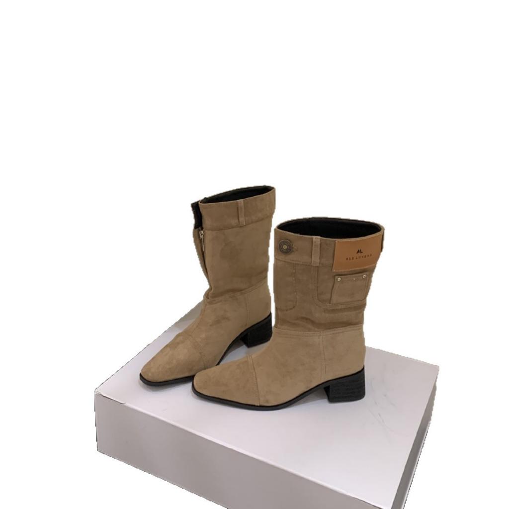 Autumn and Winter Boots 2025 New French Medium Boots Thick Heel High Boots Pleated Pile Boots