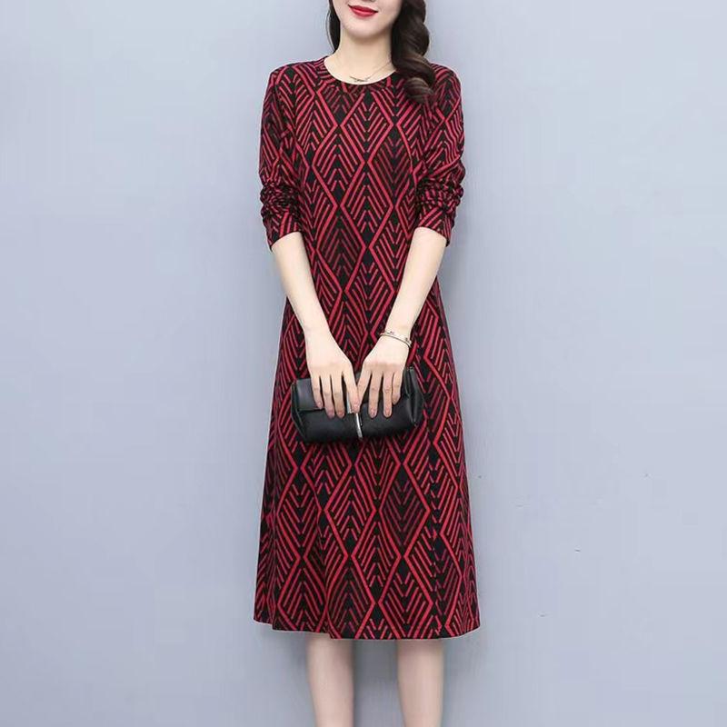 Vintage Fashion Geometric Printed Long Sleeve Dresses for Women Spring Autumn Ladies Round Neck Slim Midi Dress Elegante Vestido