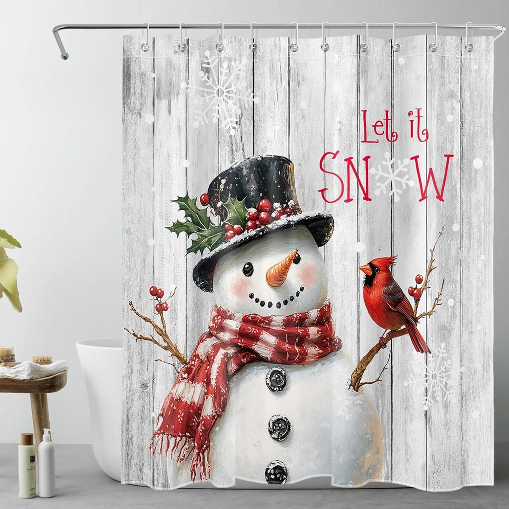 Christmas Shower Curtain for Bathroom,Xmas Pine Tree Forest and White Snowflake on Pink Shower Curtain with Hooks WinterBathroom