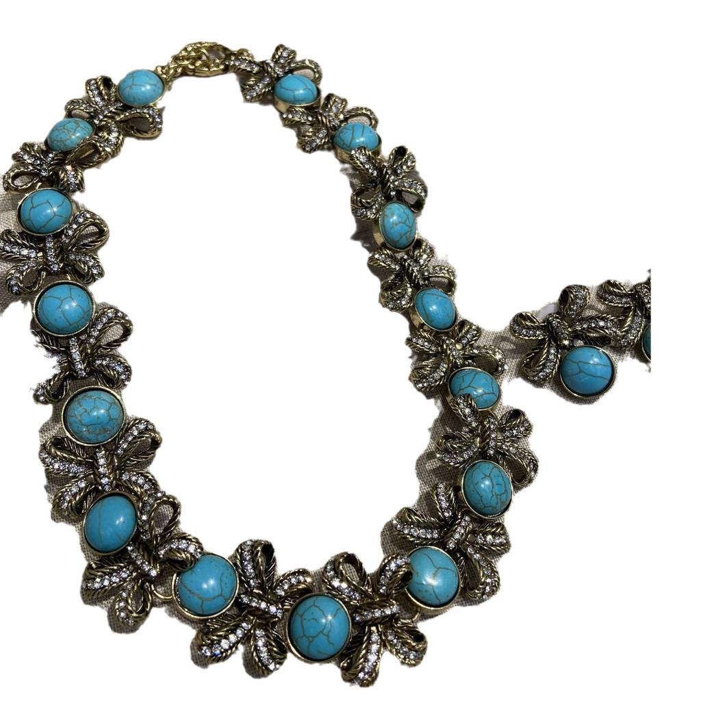 Vintage Blue Turquoise Zircon Bow Necklace Medieval Metal Old Clavicle Chain Diamond Turquoise Earrings Women