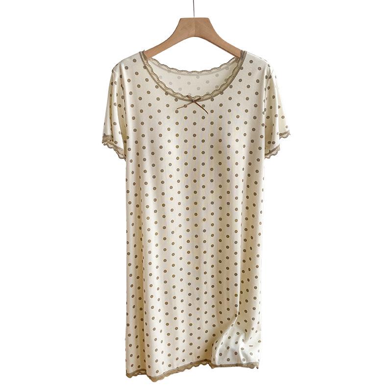 Polka Dot Girly Short Sleeve Modal Nightgown with Lace and Chest Pad
