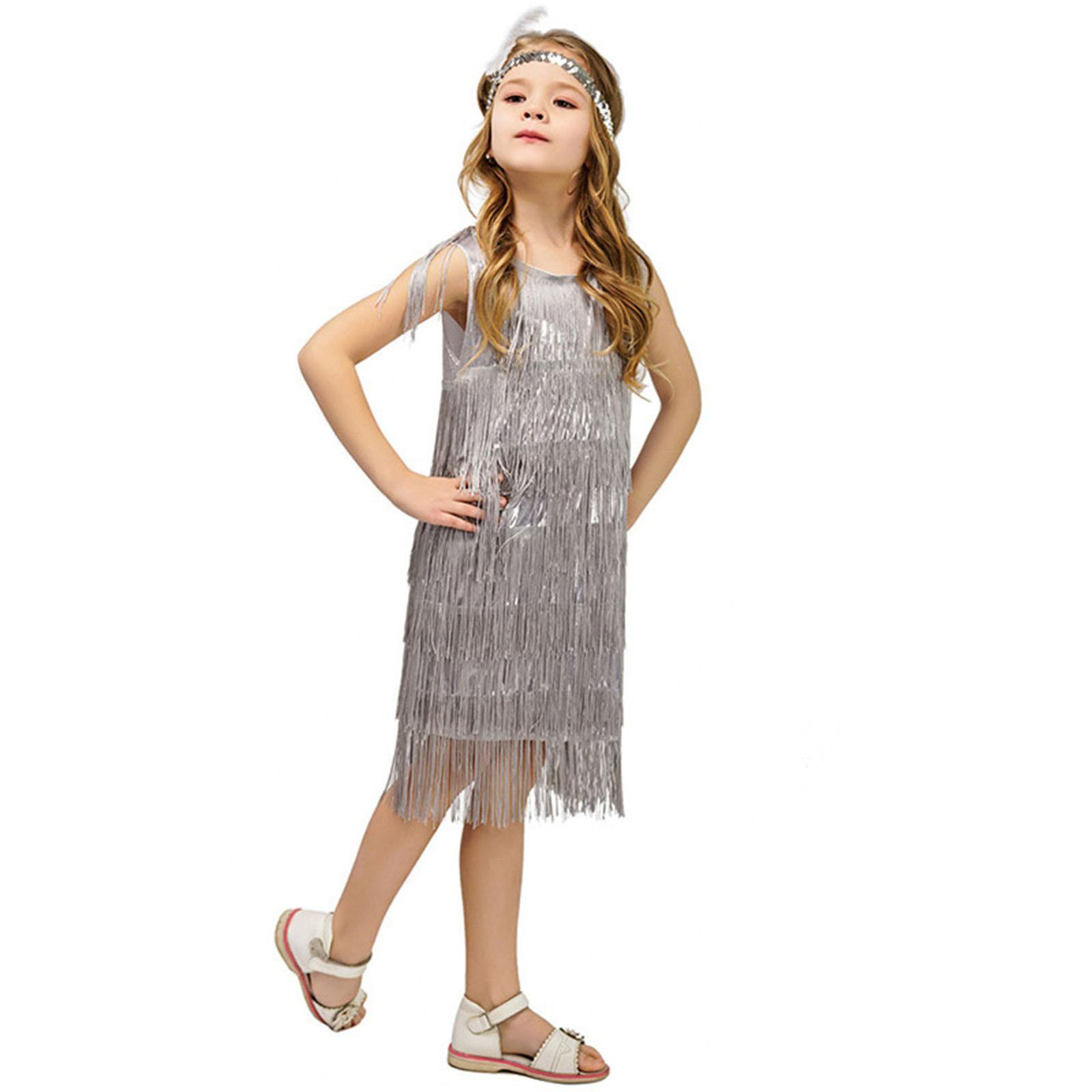 

Girl Party Dress Girls Flapper Dress Carnival Sequins Fringe Latin Dance Dress Tassel Tango Dress Ballroom Costume With Feather Set 4-6 Years