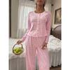 Women Sexy Lace Trim Cardigan Long Sleeve Top Long Pants Pajama Set Home Wear