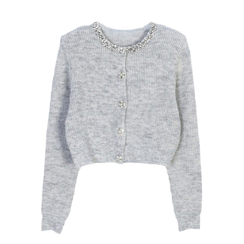 Elegant Diamond-Embellished Knitted Cardigan for a Chic Autumn/Winter Look