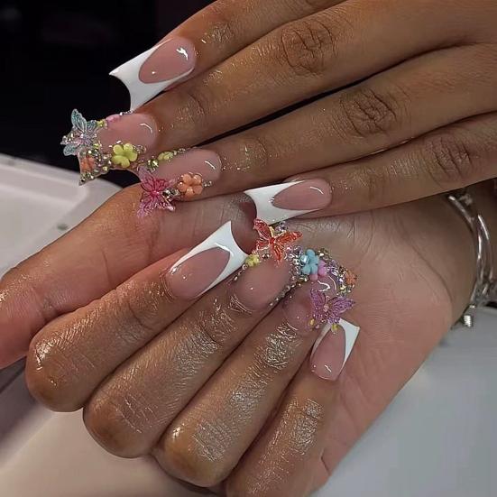 1 Set Square Press on Nails Reusable French Tip Stick-on Fake Nails Removable Full Cover Glue on False Nails for Women