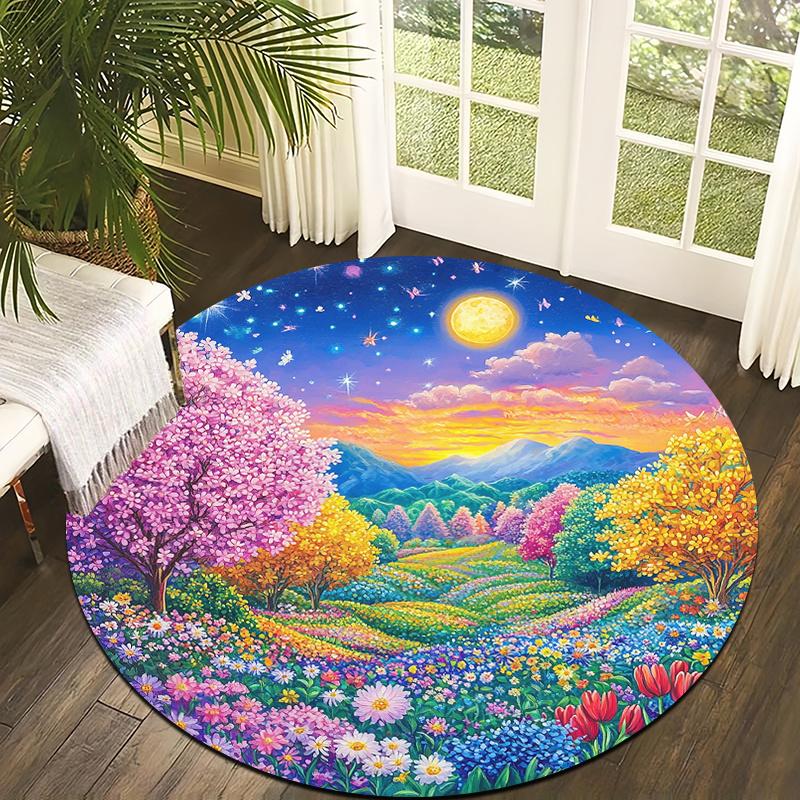 

Moonlight Flower Field Theme Flannel-printed round floor mats are slip-resistant Suitable for living room terrace garden carpets 60cm