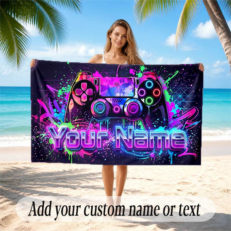 Prosop de Plajă Moale cu Tematică Controller Joc Personalizat cu Nume Text Prosop Portabil pentru Plajă Piscină Călătorii