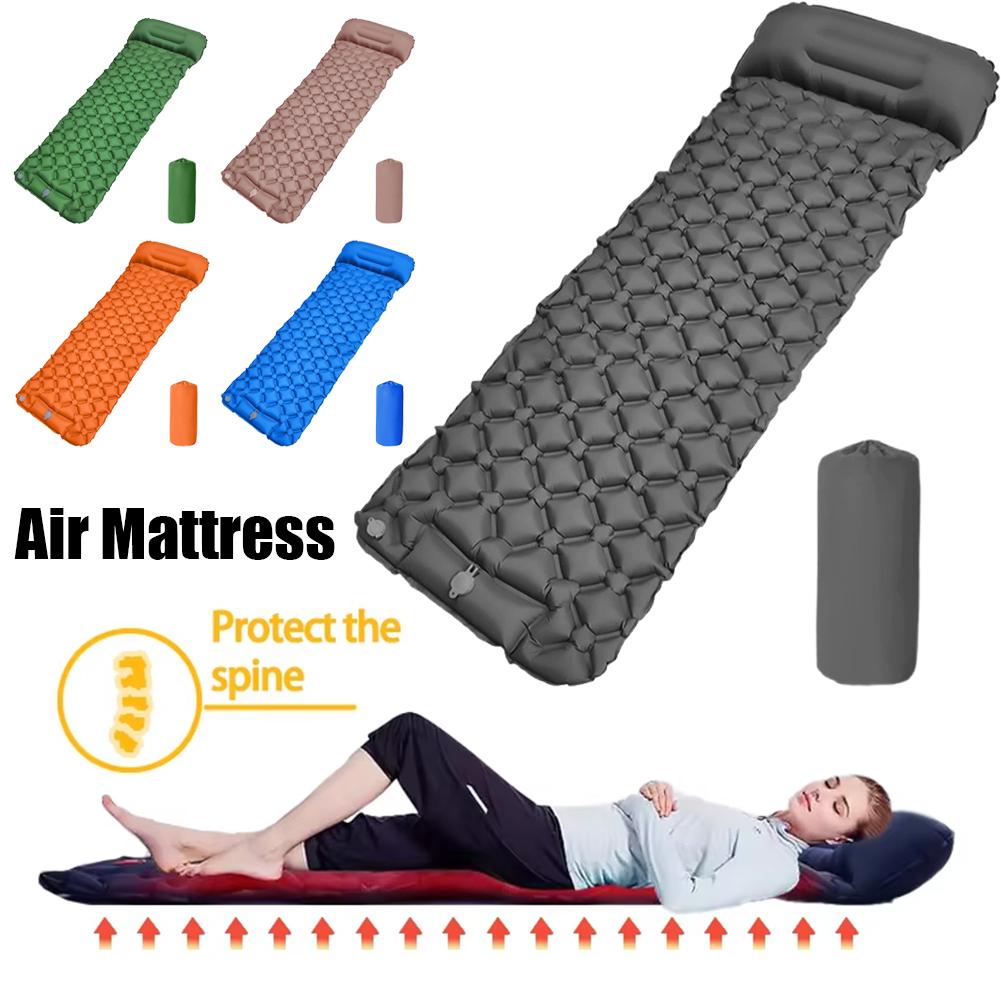 Ultralight Inflatable Camping Sleeping Pad with Integrated Pillow Built in Foot Pump Single Air Mattress Cushion for Tent Hiking
