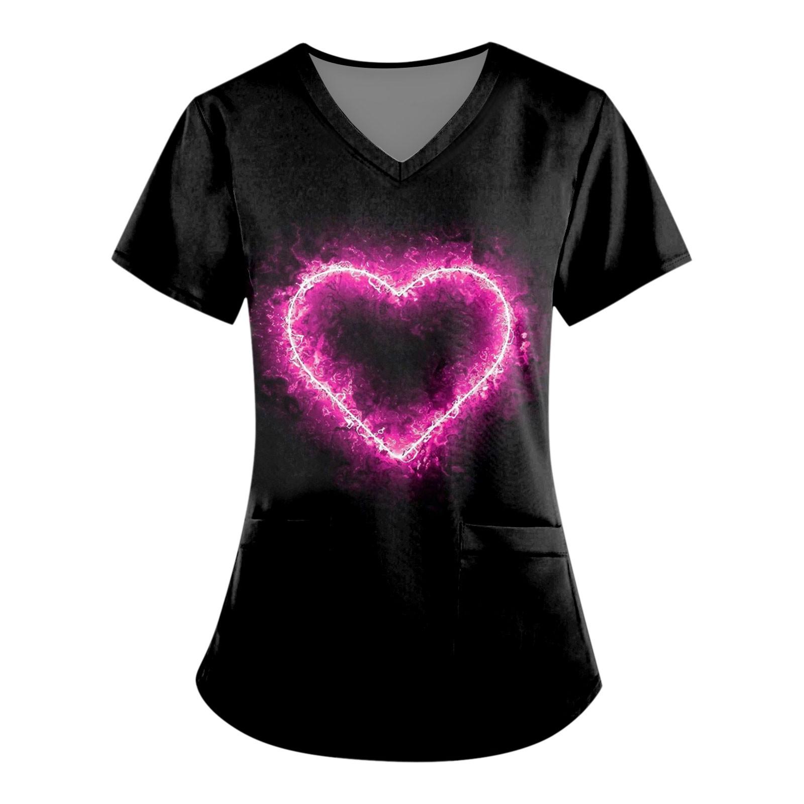 

Женские модные топы с короткими рукавами и V-образным вырезом с принтом, рабочие футболки с карманами L чёрный