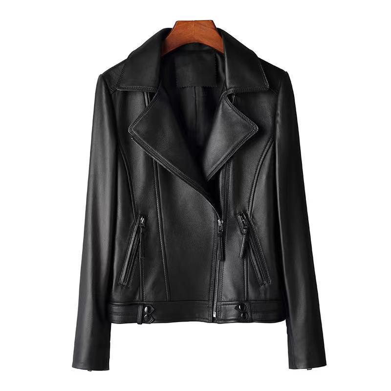 Women's Genuine Sheepskin Slim Motorcycle Leather Jacket with Suit Collar (Spring/Autumn 2026)