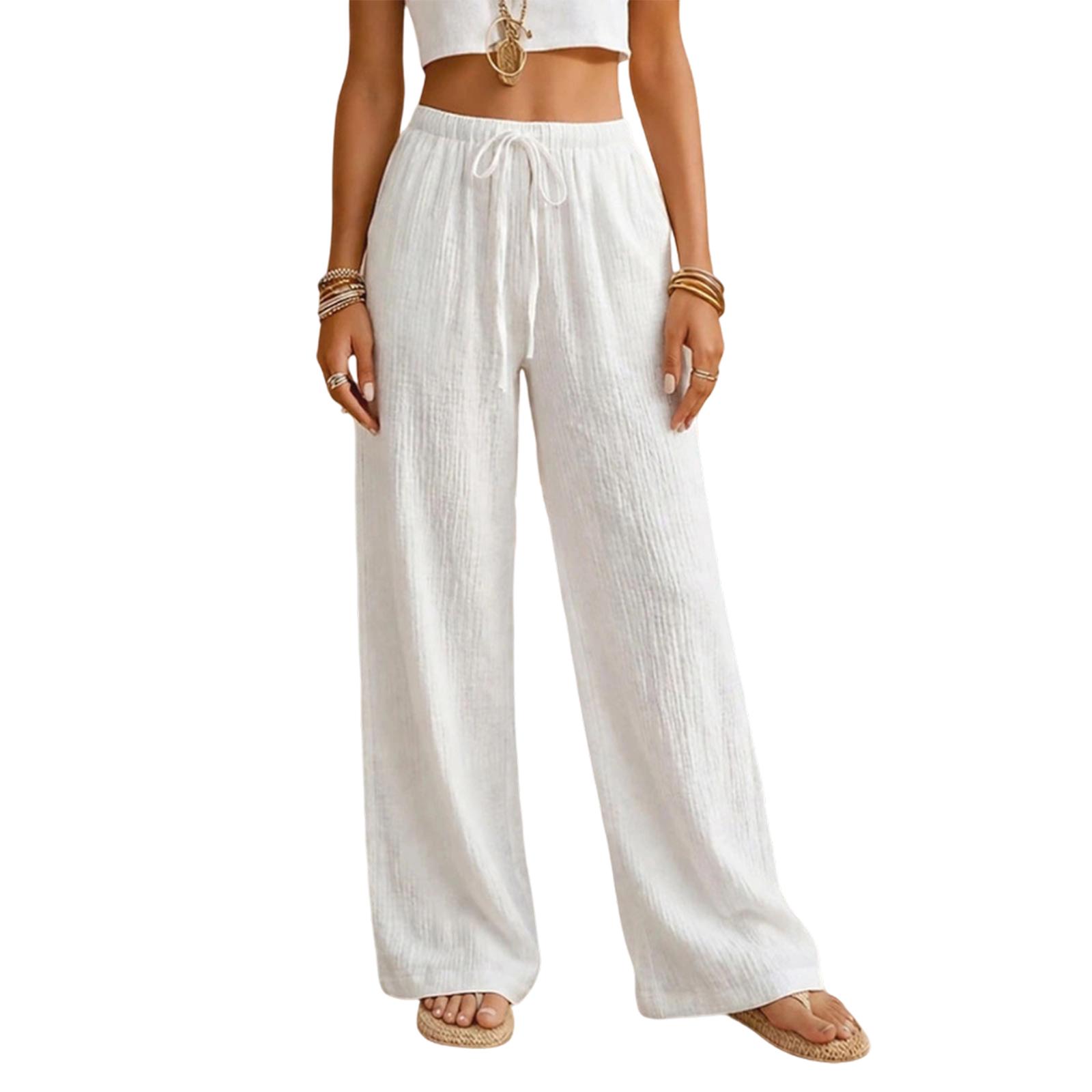 Women s Fashion Loose  Straight Drawstring Pocket Casual Pants M белый