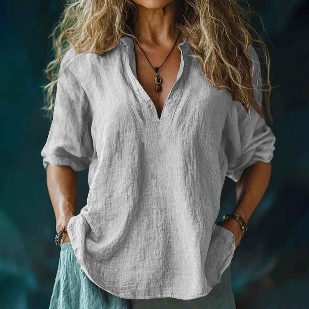 Women's Fashion Casual V-Neck Cotton-Linen Blend Shirt Loose-Fit Short-Sleeve Top