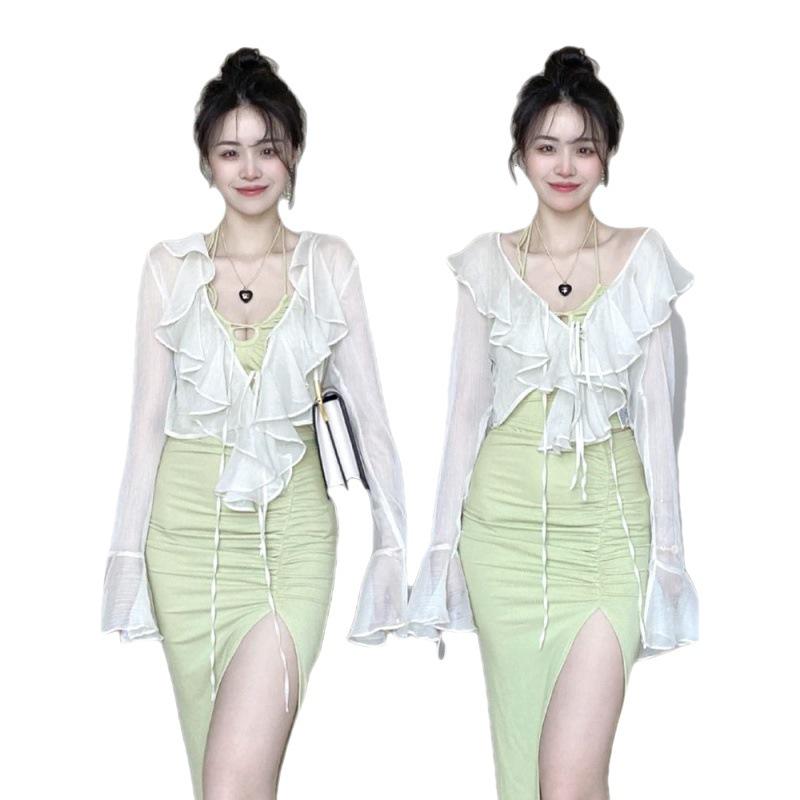 Women's Ruffled Chiffon Sun Protection Set: Summer Dress with Camisole, Shawl, and Breathable Cardigan