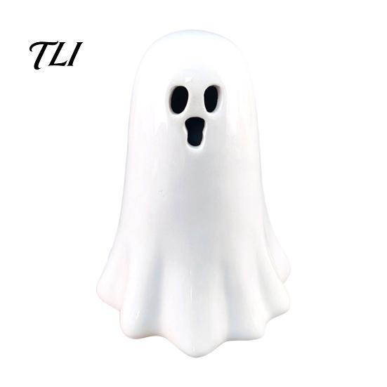 Cute Ghost Decor Ceramic Hollow Night Light, Halloween LED Glow Light Lamp, White Ceramics Figurine for Holiday Party Decoration Unique Gifts
