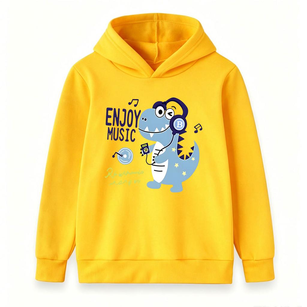Kids Boys Girls Cute Cartoon Dinosaur Enjoy Music Pattern Pullover Hoodie Casual Soft Long Sleeve Hooded Sweatshirt For Toddler Children Daily