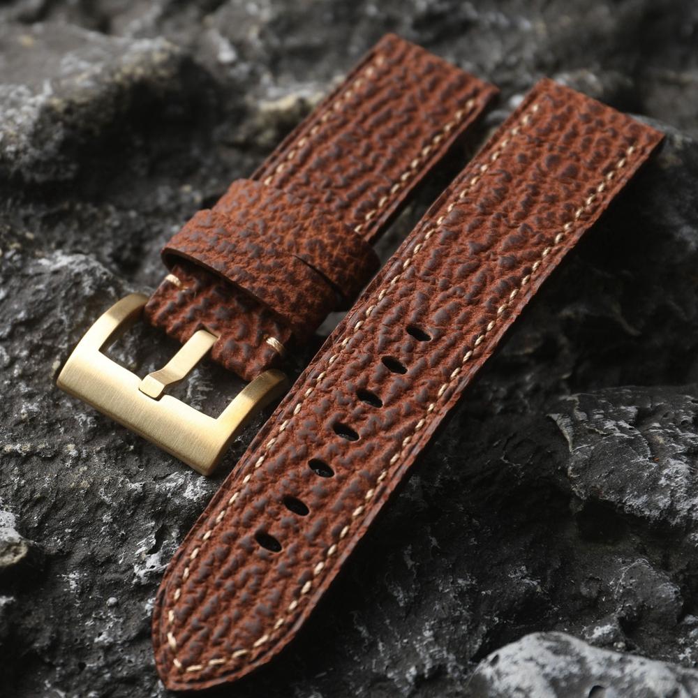 Classic Sharkskin Genuine Leather Watch Band 20 22 24MM Bronze Watch Accessories Buckle, High-end Genuine Leather Bracelet, Pure Bronze