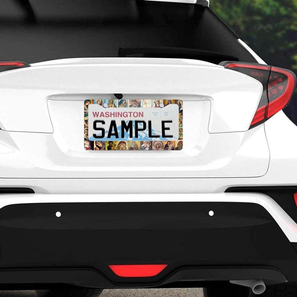 Personalized License Plate Frame Stainless Steel Sacred Heart Collage Jesus Christ Virgin Mary Car License Plate Accessory Decorative 2 Holes And