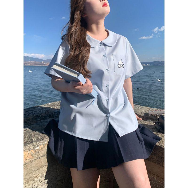 Stripe Plus Size Women's Clothing Preppy Style Embroider Puppy Ingot Collar Shoulder Blue Plus Size Ladies Slim Looking Short Sleeve Shirt for Women