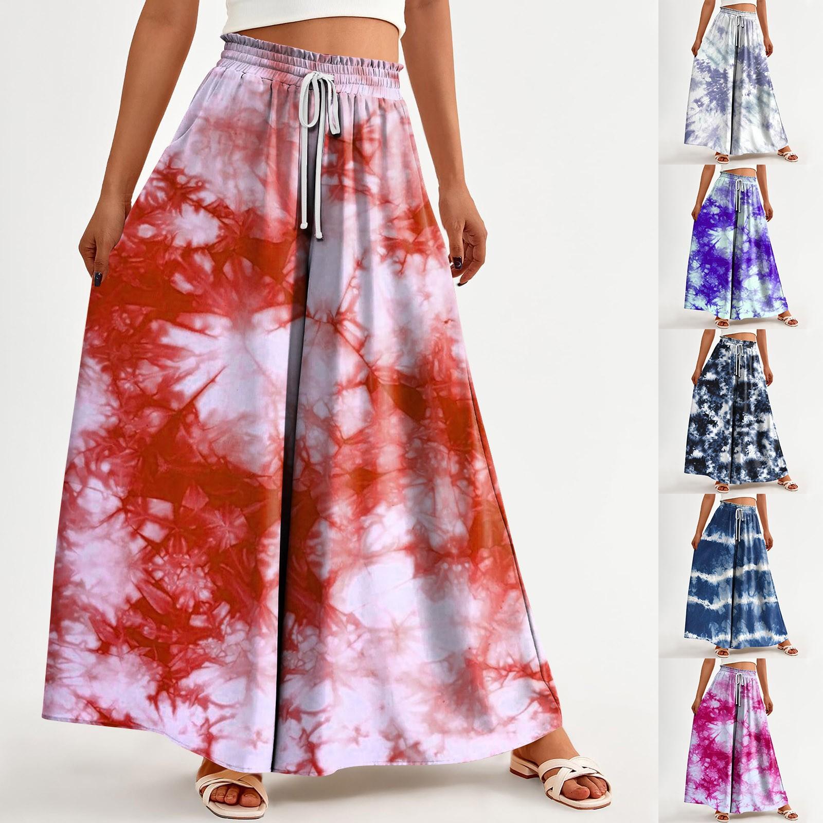 

Women s Printed Wide Leg Pants With Pockets High Waist Drawstring Loose Casual Pants M білий