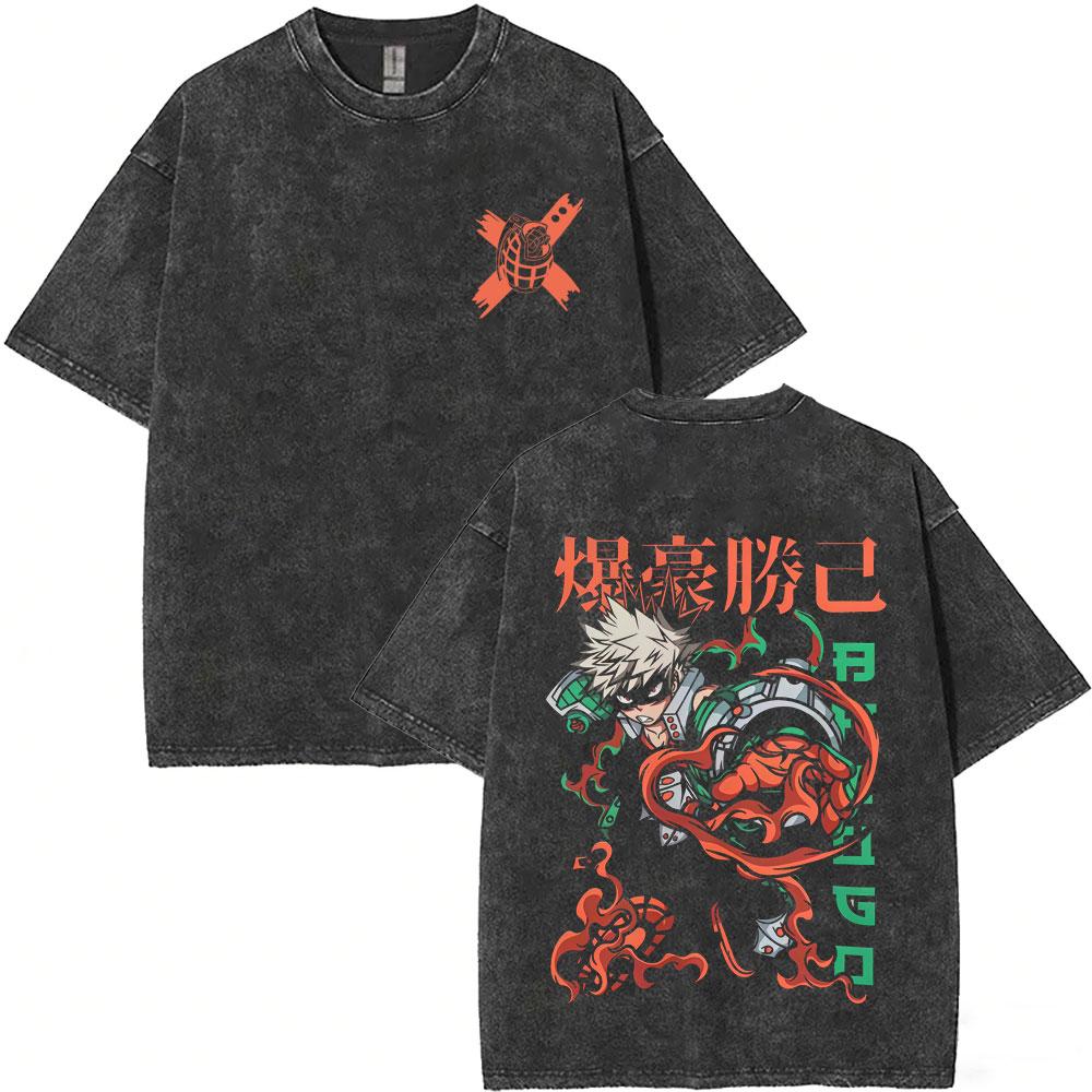 Washed Vintage Anime My Hero Academia Midoriya Izuku and Bakugou Katsuki Merch T Shirt Men Women Casual Retro Oversized Tshirts