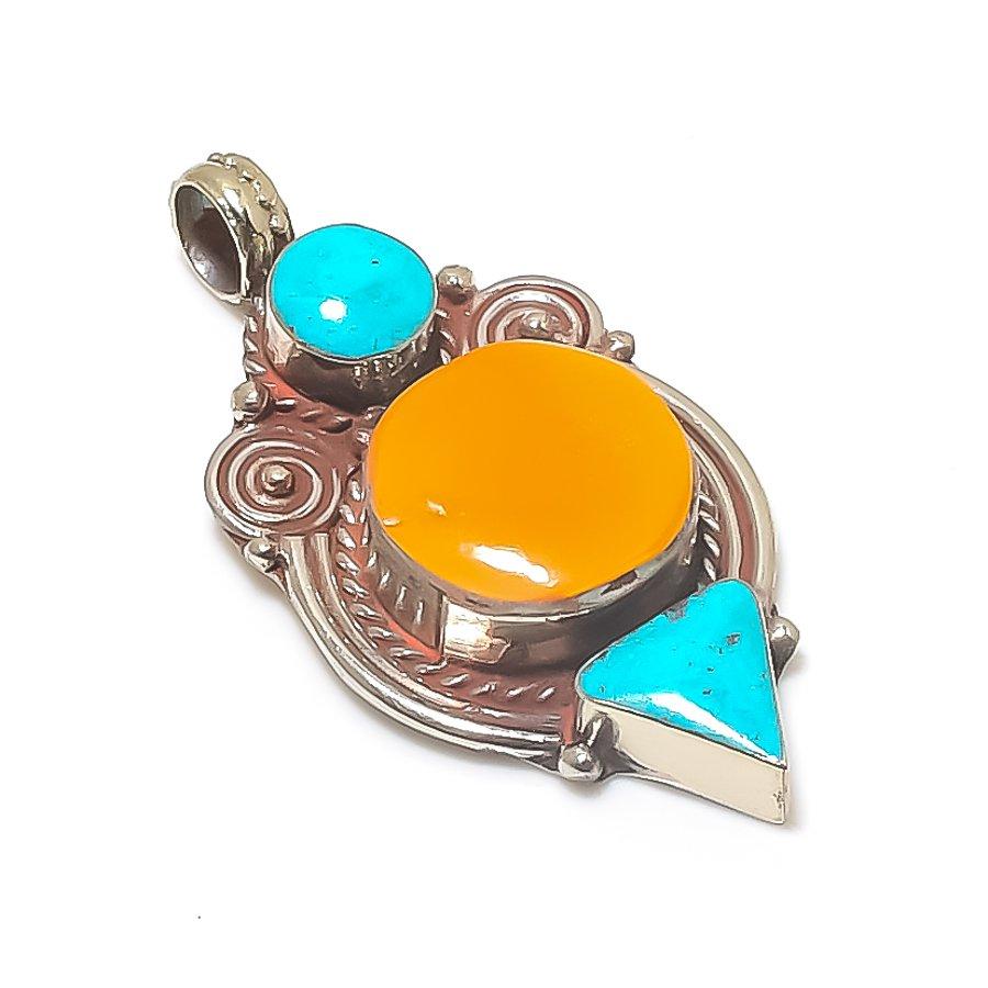 

Natural Tibetan Turquoise, Onyx 925 Sterling Silver Jewelry Pendant 2.05 v0A83