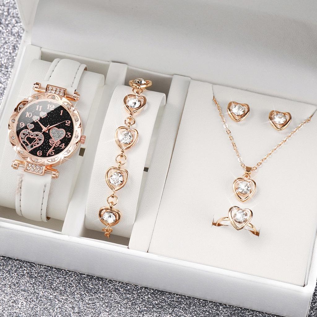 Elegant Crystal Heart Butterfly Bracelet & Leather Strap Quartz Watch with Pink Gemstone Set