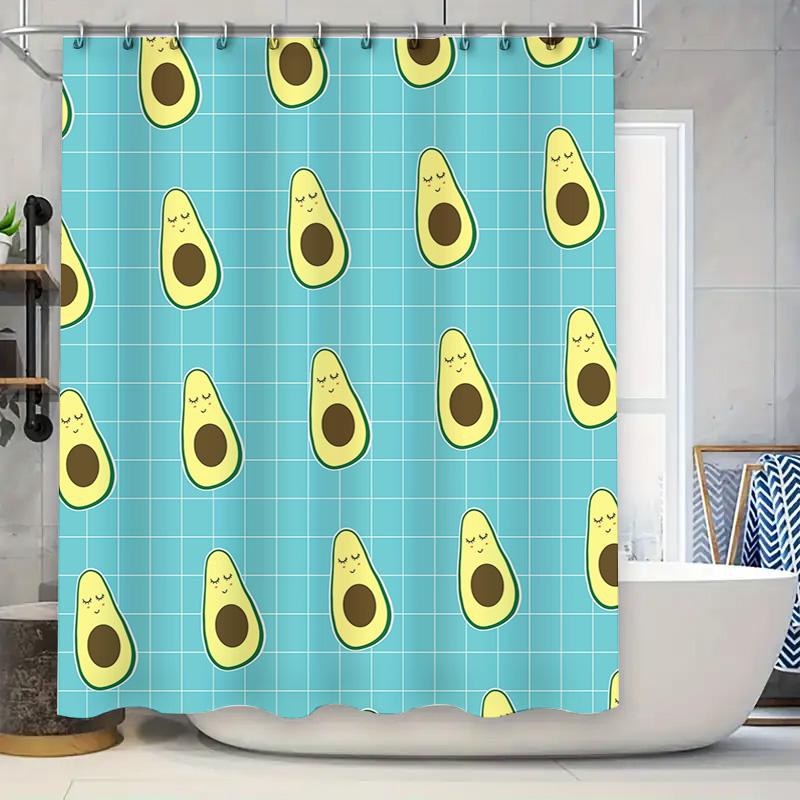 Avocado Pattern Shower Curtain Blue Grid Background with Cute Kawaii Design for Bathroom Decor
