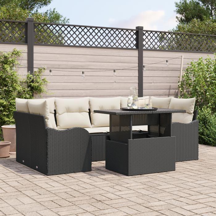 Ensemble de Canapé de Jardin vidaXL 7 Pièces avec Coussins Rattan Noir Poly 3357130