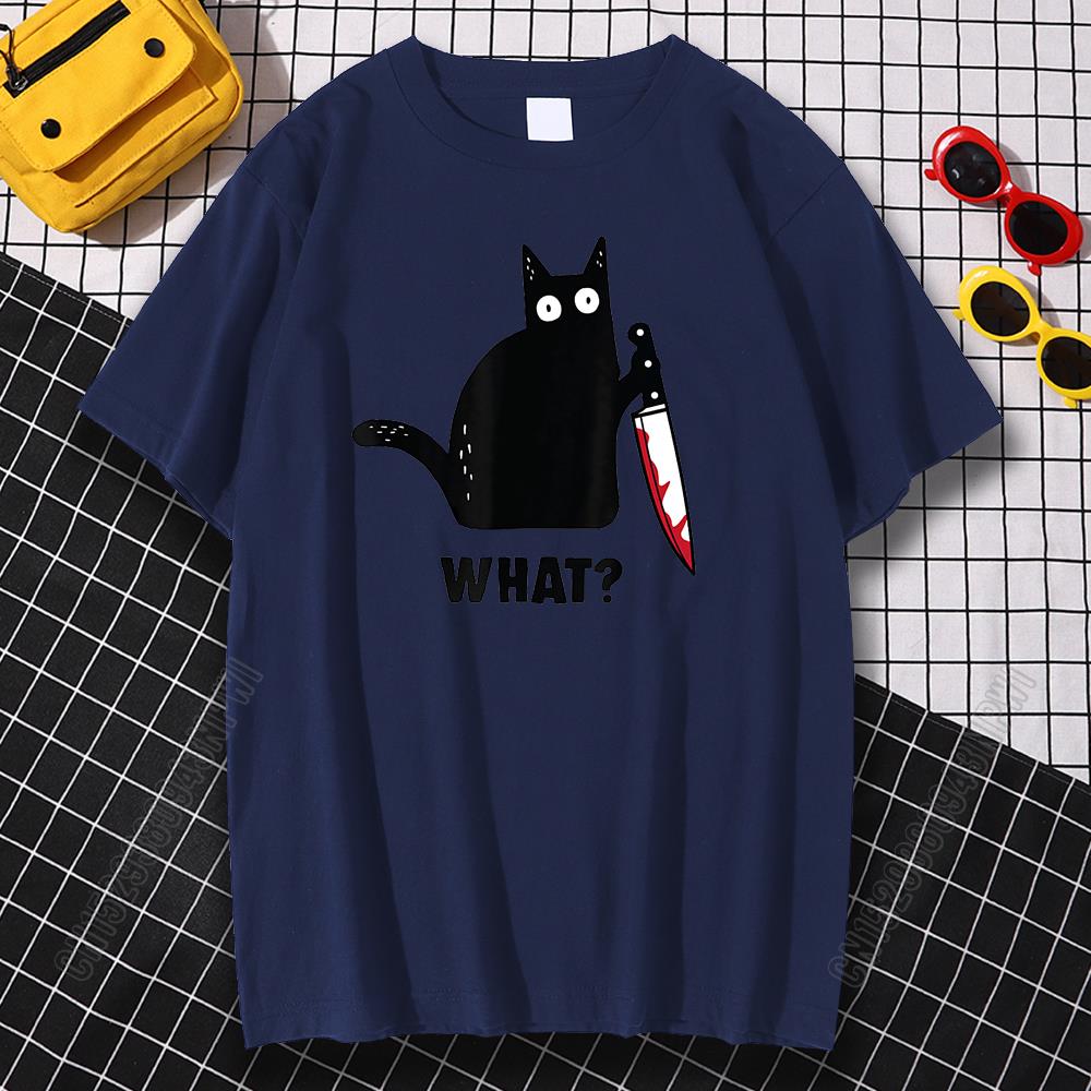Cat What T Shirt Murderous Cat With Knife Funny Halloween Gift Cotton High Quality Men's Oversized Novelty T-Shirt Women Tee