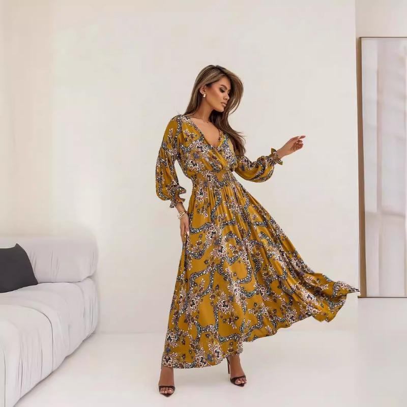 Women's Printed V-neck Sexy Slit Long-sleeved Dress