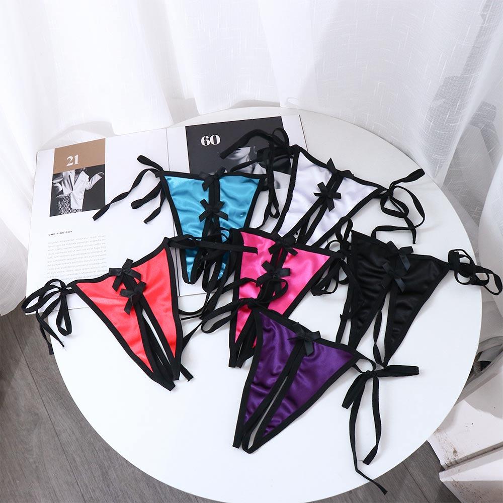 Bow G-Strings Satin Open Crotch Solid Color Bandage Women Panties Sex Thongs T-Pants Underwear